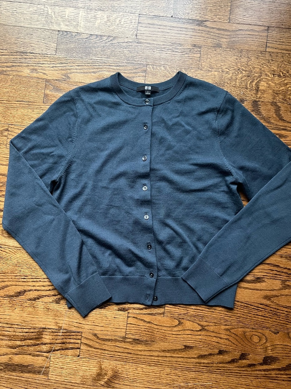 Uniqlo Womens Dark Teal Blue 100% Merino Wool Crewneck Cardigan Sweater Sz S